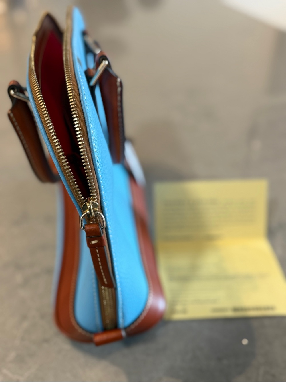 Dooney & Bourke Sky Blue Pebble Leather Satchel with Brown Trim and Handles NWT - Picture 8 of 10